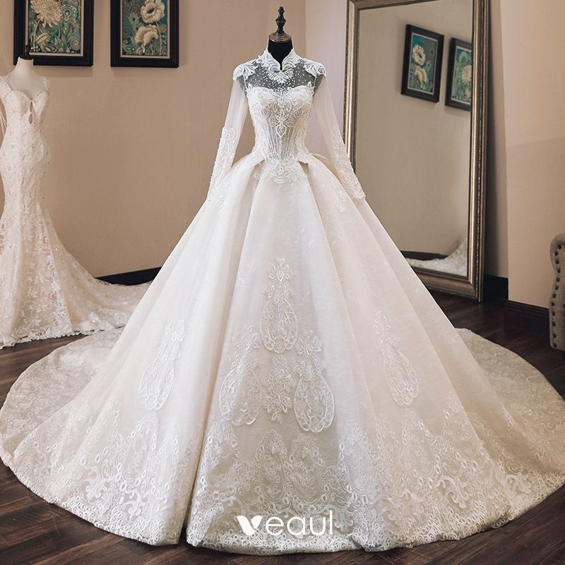 Luxury Gorgeous Chinese Style Ivory See Through Wedding Dresses 2019 Ball Gown High Neck Long Sleeve