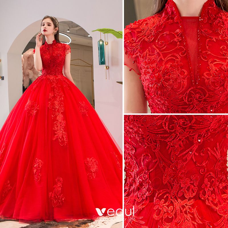 Chinese Style Red Wedding Dresses 2019 Ball Gown High Neck Beading Crystal Lace Flower Sequins 1511