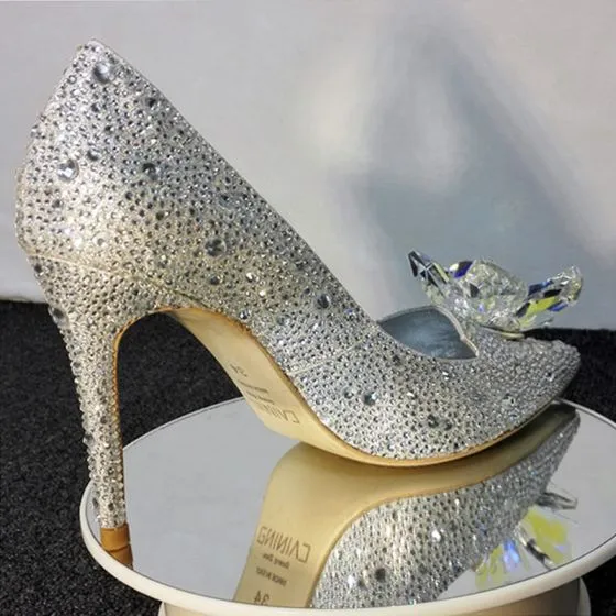 Sparkly Silver Cinderella Wedding Shoes 2018 Crystal Rhinestone Leather ...