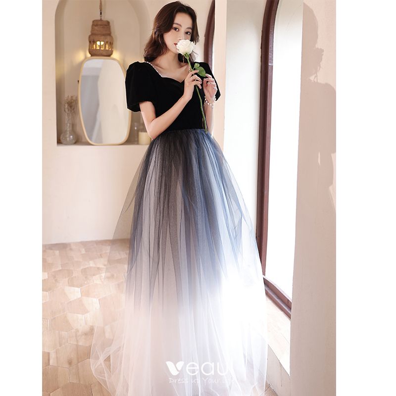 Elegant Black Suede Prom Dresses 2022 A-Line / Princess Square Neckline ...