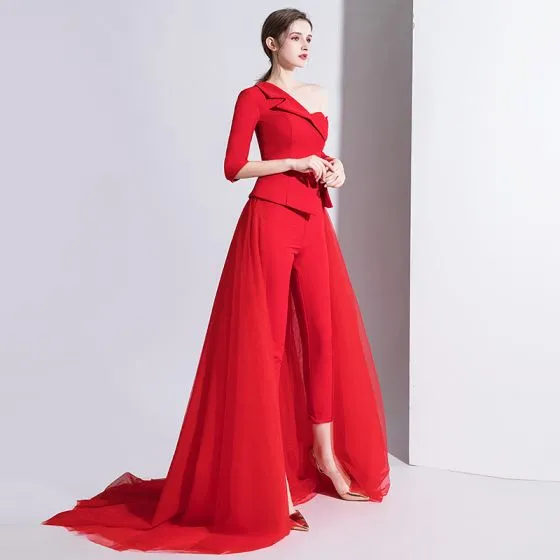 Fashion Red Jumpsuit 2020 One-Shoulder 3/4 Sleeve Detachable Sweep ...