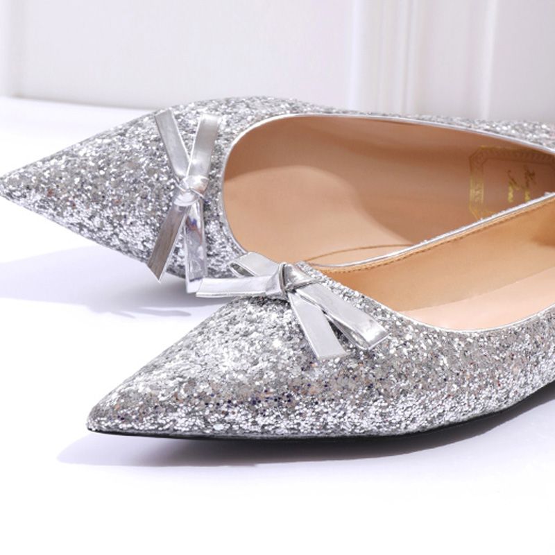Sparkly Silver Glitter Wedding Shoes 2020 Sequins Bow Pointed Toe Flat