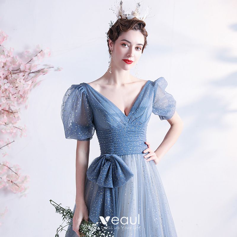 Chic / Beautiful Sky Blue Sequins Prom Dresses 2021 A-Line / Princess V ...