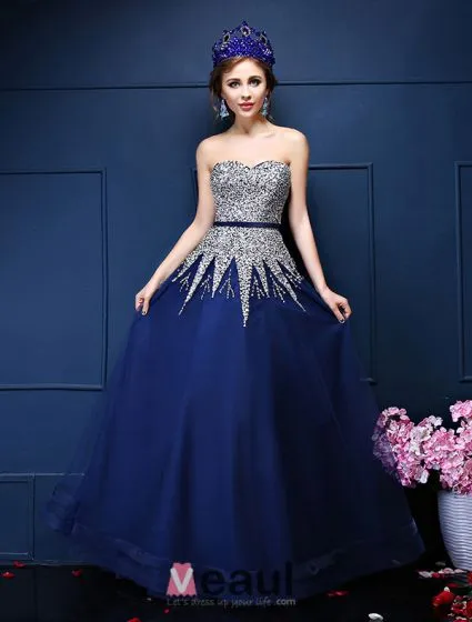 Glitter A-line Sweetheart Beading Sequins Sash Royal Blue Organza Prom