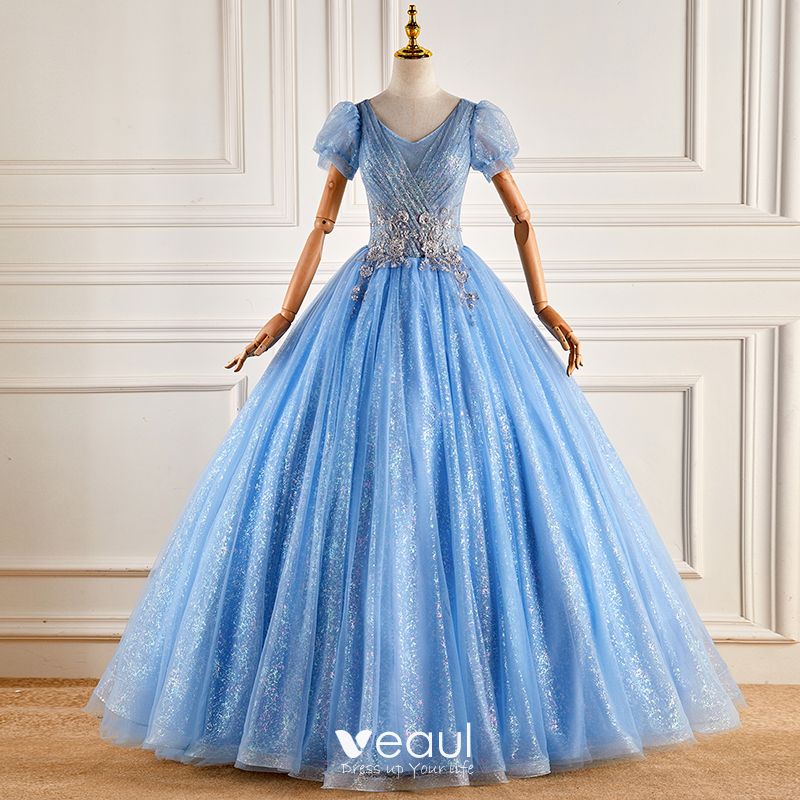 Elegant Pool Blue Lace Flower Sequins Prom Dresses 2022 Ball Gown V ...