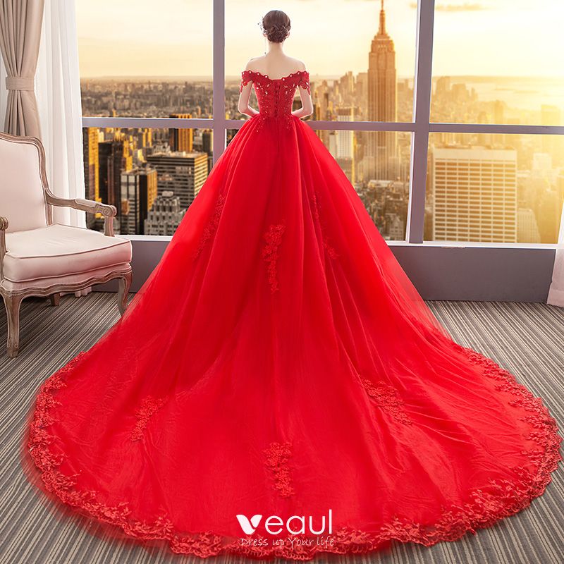 Chic Beautiful Red Wedding Dresses 2019 Ball Gown Off The Shoulder Beading Crystal Sequins 7325