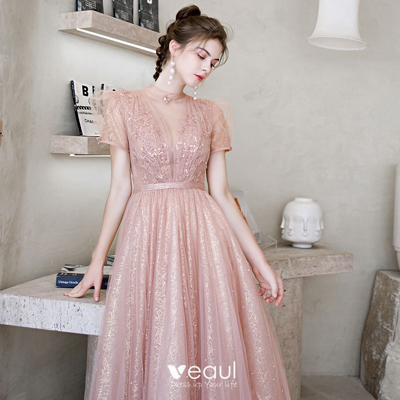 Vintage / Retro Blushing Pink See-through Dancing Prom Dresses 2020 A ...