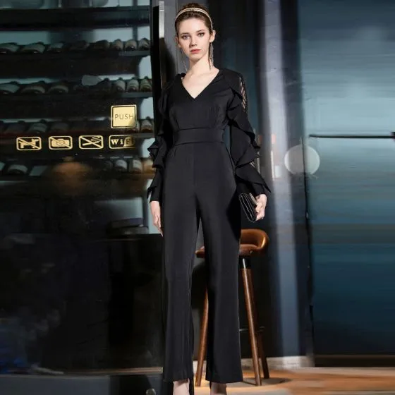 Elegant Black Jumpsuit 2019 V-Neck Lace Long Sleeve Ankle Length ...