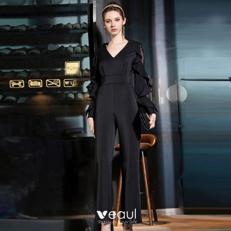 brand name Thought A faithful Elegant Black Jumpsuit 2019 V-Neck Lace Long Sleeve Ankle Length Evening  Dresses
