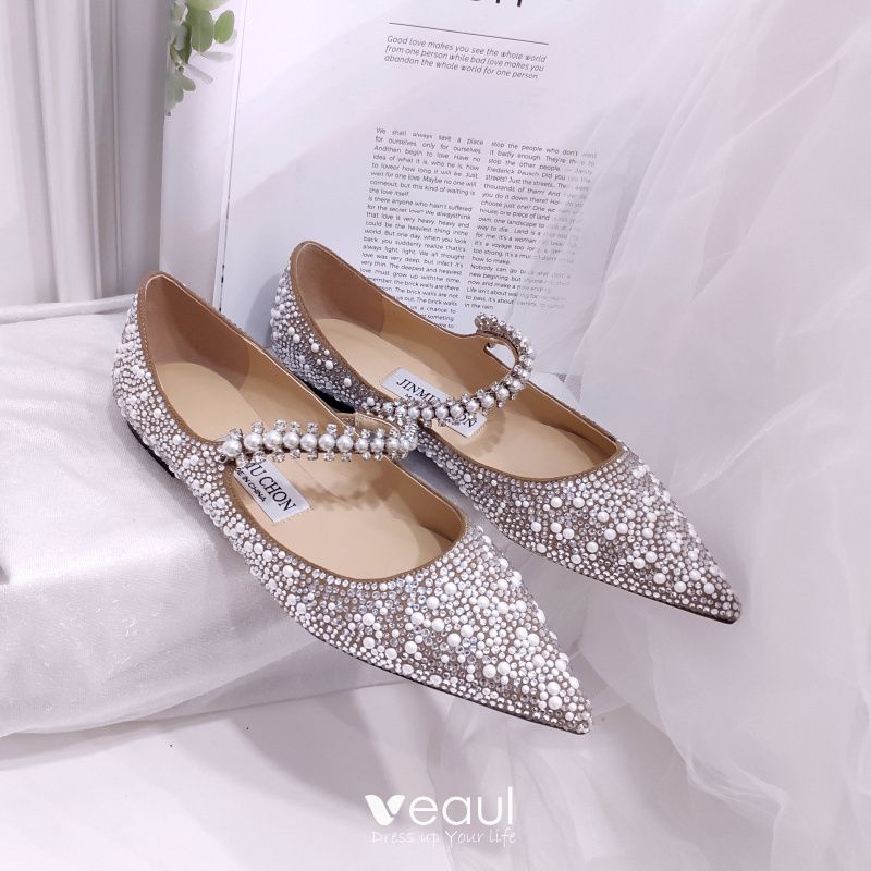 Charming Champagne Silver Flat Pearl Wedding Shoes 2020 Rhinestone ...