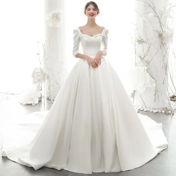 Modest / Simple Ivory Satin Wedding Dresses 2020 A-Line / Princess ...