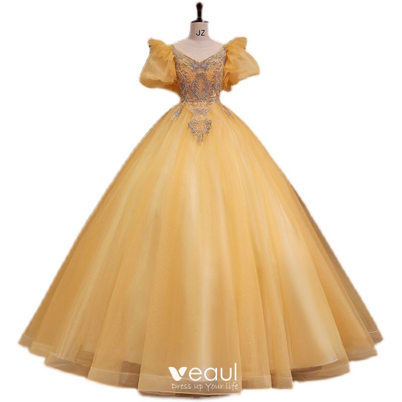 Elegant Yellow Prom Dresses 2022 Ball Gown Scoop Neck Puffy Short