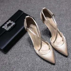 Chic / Beautiful Champagne Casual High Heels 2019 X-Strap 8 cm Stiletto Heels Pointed Toe Womens Shoes
