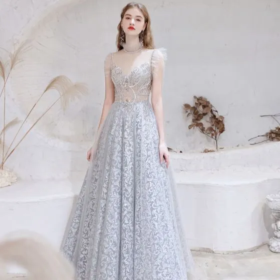 Sexy Silver Prom Dresses 2021 A Line Princess High Neck Beading Rhinestone Lace Flower 