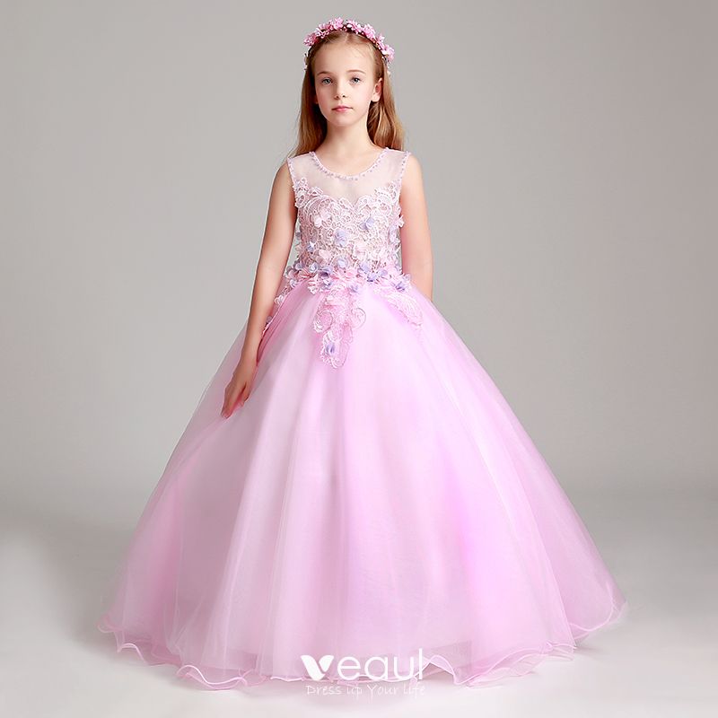 2017 Blush Flower Girls Dresses for Weddings Jewel Neck Ball Gown Crystals Pearl 