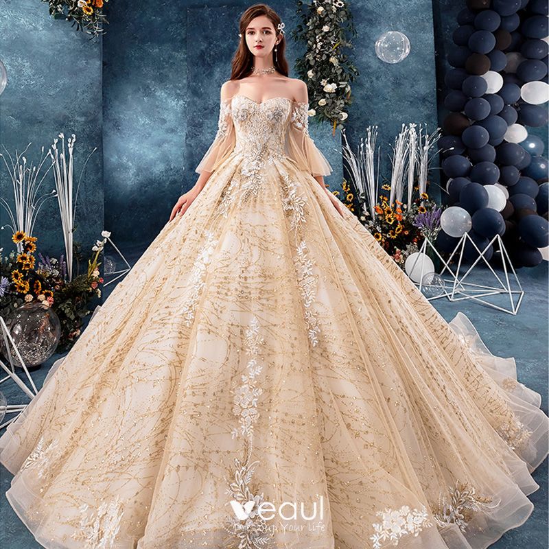 Luxury / Gorgeous Champagne Wedding Dresses 2019 Ball Gown Off-The ...