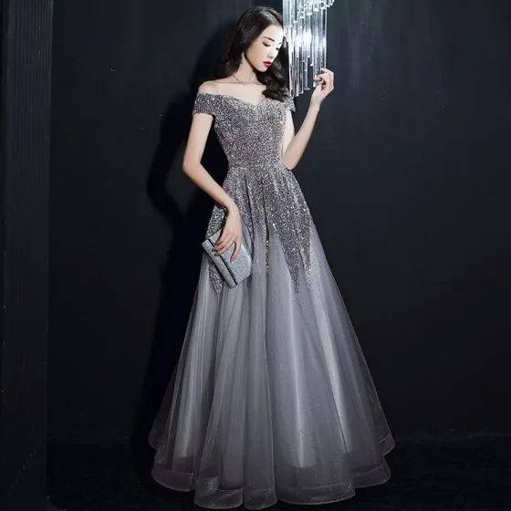 Sparkly Grey Sequins Dancing Prom Dresses 2021 A-Line / Princess Off ...