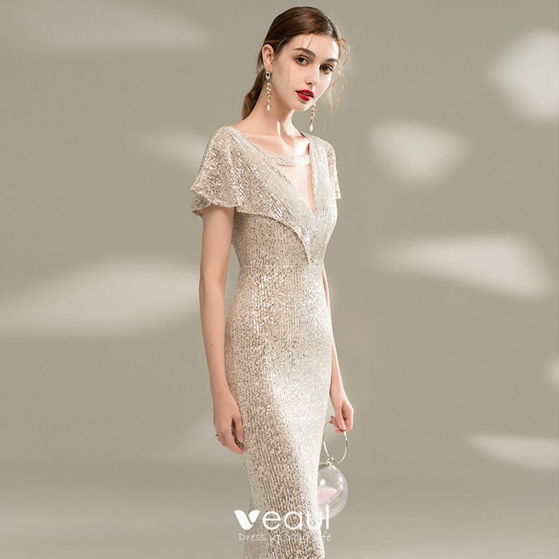 Sparkly Champagne Sequins Evening Dresses 2020 Trumpet / Mermaid V-Neck ...