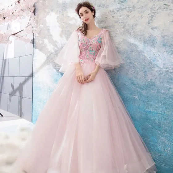 Flower Fairy Blushing Pink Prom Dresses 2019 A-line   Princess V-neck 3 