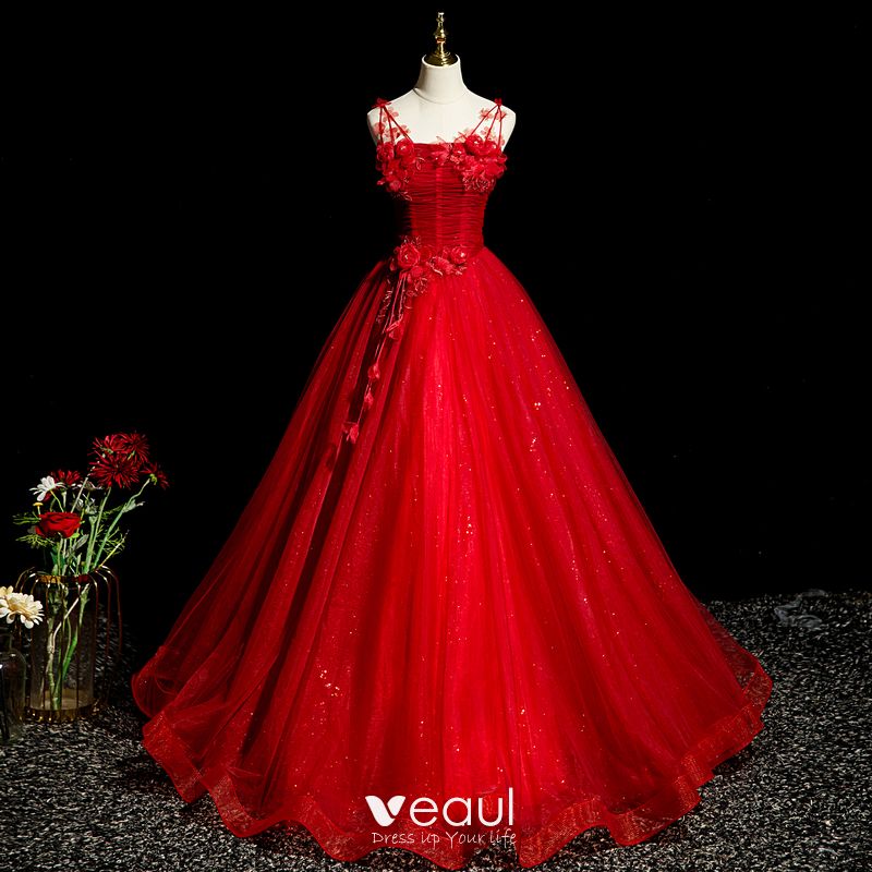 Elegant Red Beading Lace Flower Appliques Prom Dresses 2023 Ball Gown ...