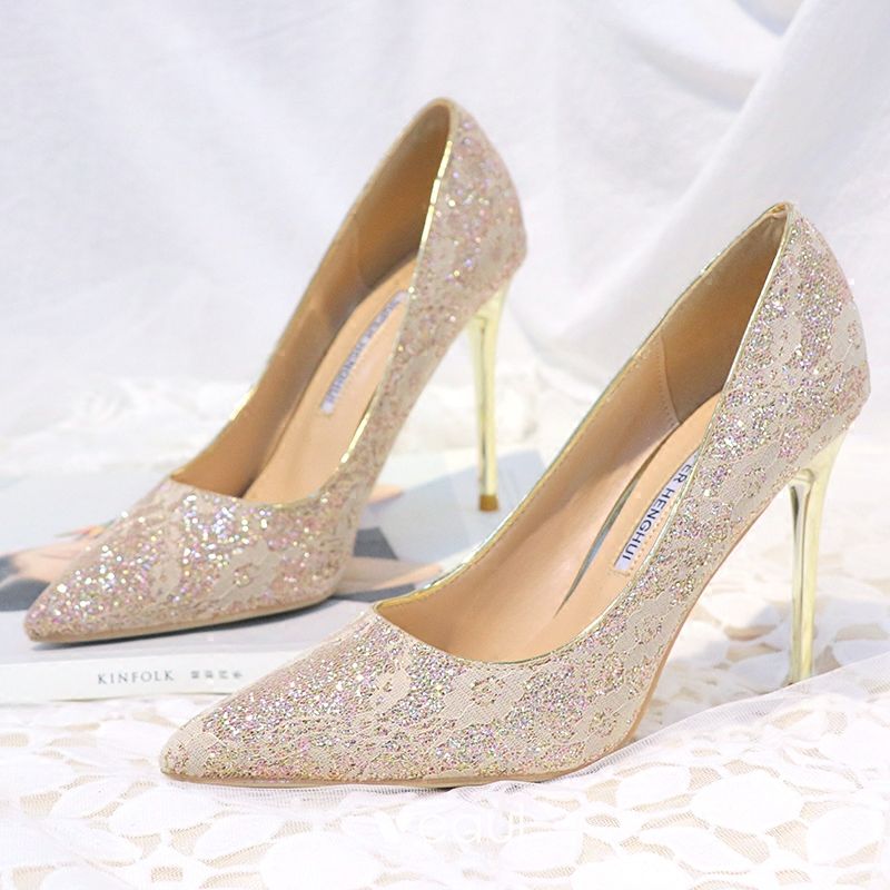 Chic / Beautiful Gold Womens Shoes 2019 Lace Sequins 10 cm