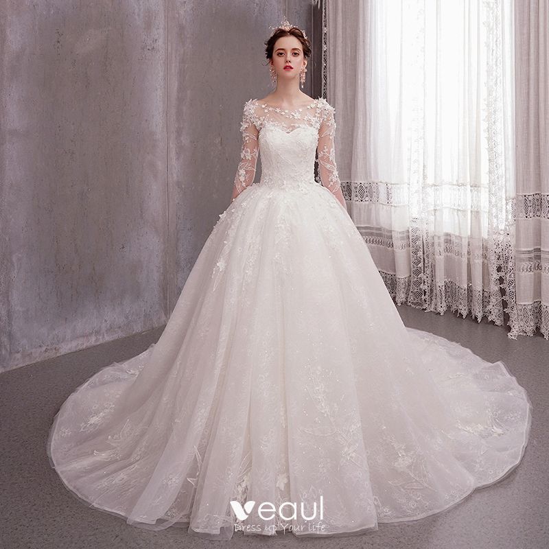 White Ivory Cap Sleeve Wedding Dresses Beading Lace Tulle Ball Gown Bridal Gown 