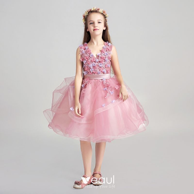 Chic / Beautiful Candy Pink Flower Girl Dresses 2017 Ball Gown V-Neck ...