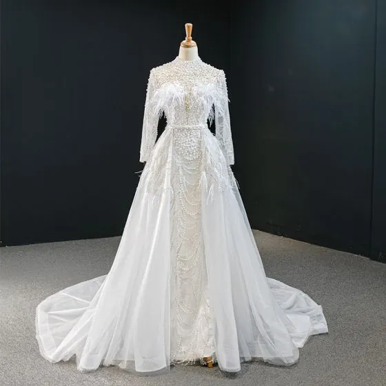 white feather wedding dress