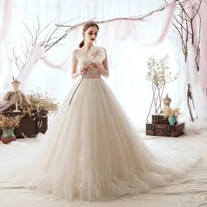 Luxury / Gorgeous Champagne Wedding Dresses 2019 A-Line / Princess Scoop Neck Beading Sequins Sleeveless Cathedral Train