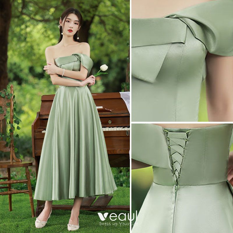 Modest / Simple Olive Green Satin Bridesmaid Dresses 2021 A-Line ...