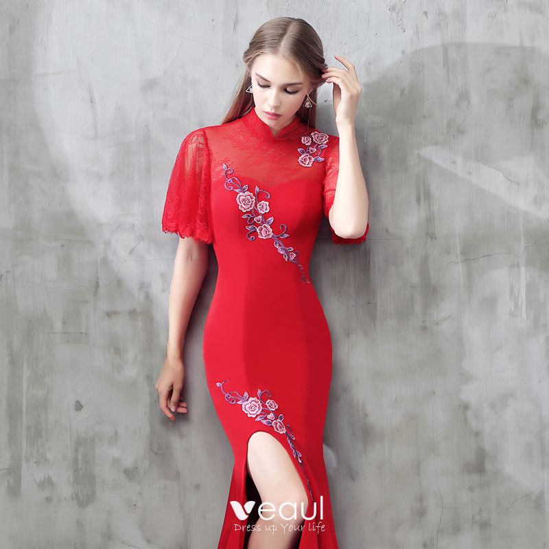Chic / Beautiful Red Chinese style Formal Dresses 2017 Trumpet ...