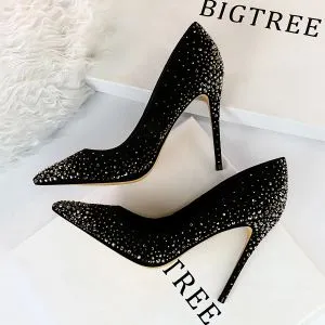 Chic / Beautiful Black Evening Party Pumps 2019 Suede Rhinestone 10 cm Stiletto Heels Pointed Toe Pumps