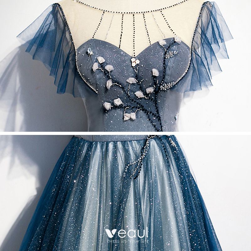 Fashion Navy Blue See-through Evening Dresses 2020 A-Line / Princess ...