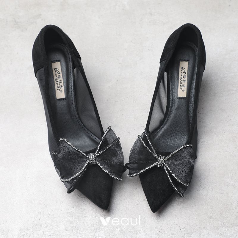 Chic / Beautiful Black See-through Dating Pumps 2019 Leather Bow