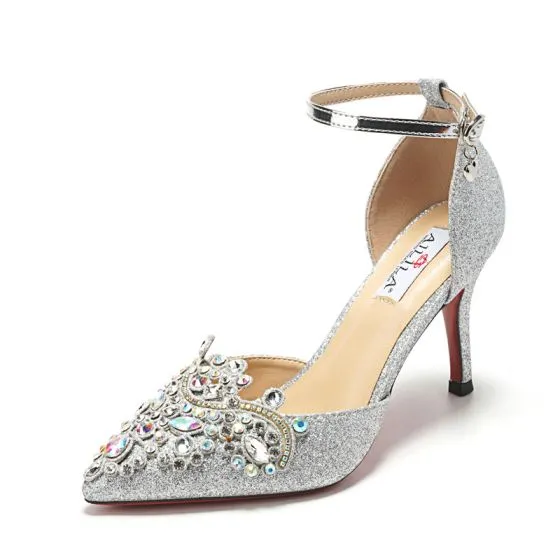 Sparkly Silver Wedding Shoes 2018 Glitter Rhinestone Sequins Buckle 9 ...