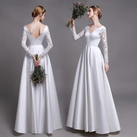 Classic White Beach Wedding Dresses 2019 A-Line / Princess V-Neck Lace ...