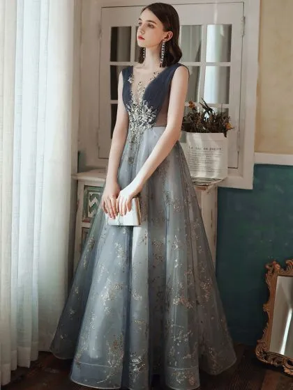 Chic / Beautiful Ocean Blue Prom Dresses 2020 A-Line / Princess Scoop ...