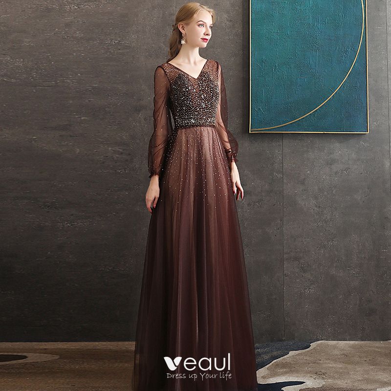 Best Brown Evening Dresses 2020 A-Line / Princess V-Neck Puffy Long ...