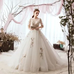 Elegant Ivory Wedding Dresses 2019 A-Line / Princess Scoop Neck Sequins Lace Flower Short Sleeve Cathedral Train
