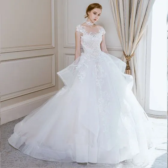 Elegant Champagne Wedding Dresses 2018 Ball Gown Lace Flower Scoop Neck ...