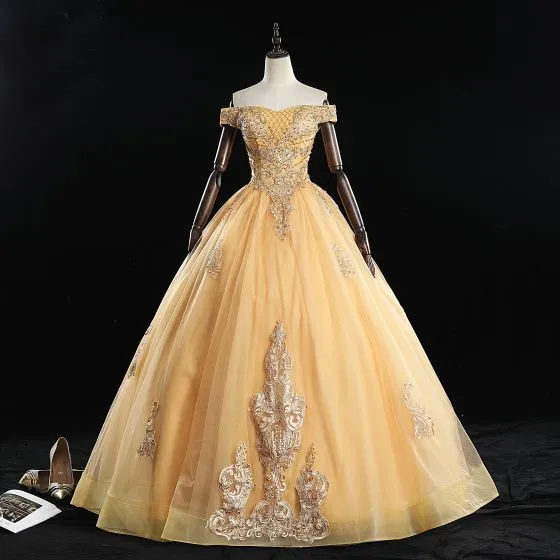 Classic Gold Quinceañera Prom Dresses 2019 Ball Gown Off-The-Shoulder ...