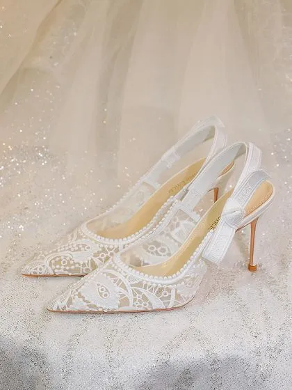 Elegant White Lace Wedding Shoes 2024 Wedding Leather 8 cm Stiletto ...