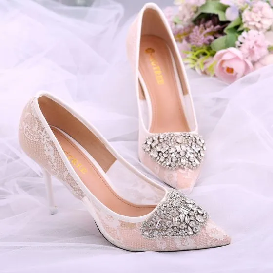 Charming White Lace Flower Rhinestone Bridal Wedding Shoes 2021 10 cm ...