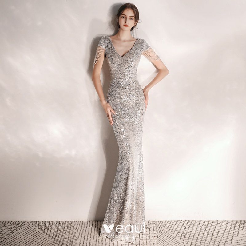 silver sequin floor length dress