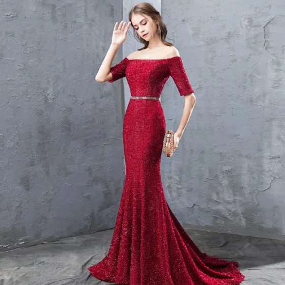 Sparkly Burgundy Evening Dresses 2019 Trumpet / Mermaid Off-The ...