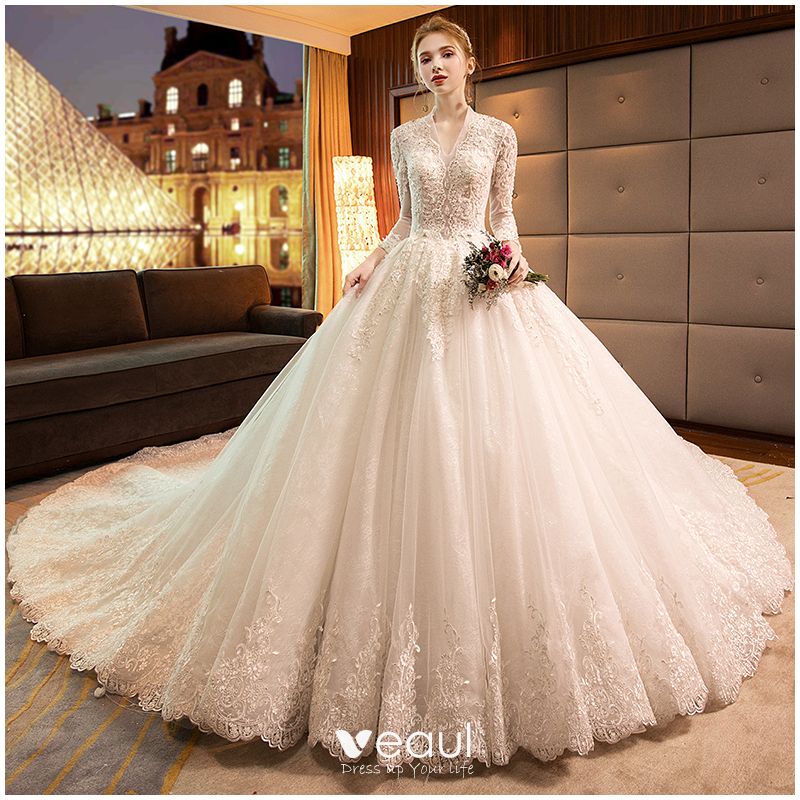 Off The Shoulder Ball Gown Wedding Dresses Tulle Lace Long Sleeves Sweep Train 218064 Lalamira