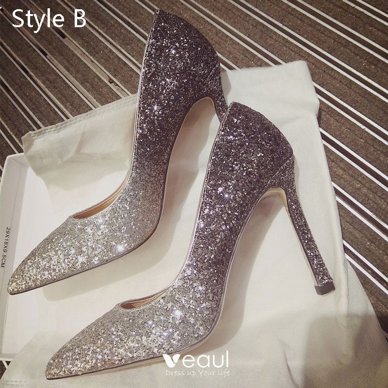 Charming Gradient-Color Silver Wedding Shoes 2019 Sequins 10 cm Heels Pointed Toe Wedding Pumps