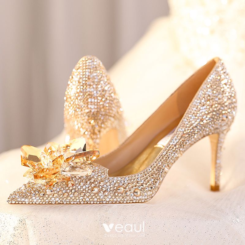 Cinderella Gold Crystal Wedding Shoes 2023 Leather 8 cm Stiletto Heels  Pointed Toe Pumps