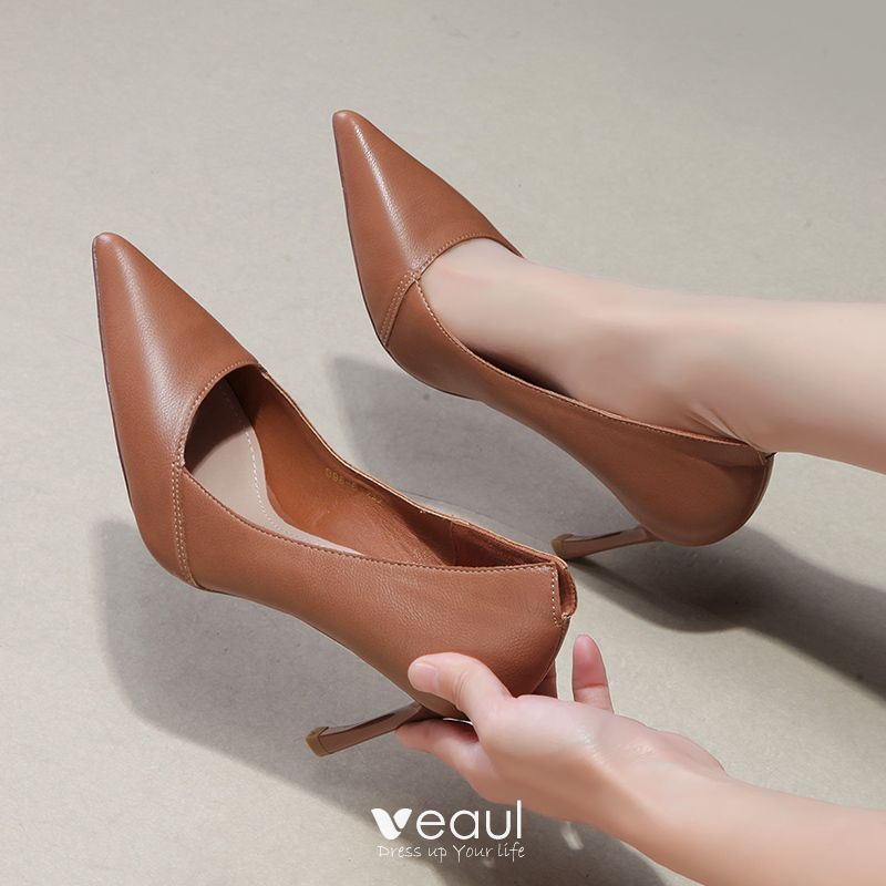 Modest / Simple Brown Pumps 2019 Leather 8 cm Pointed Toe
