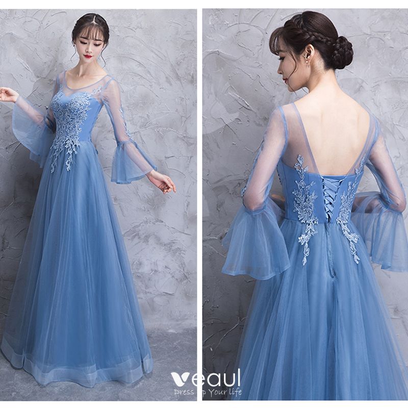 Elegant Ocean Blue Seethrough Bridesmaid Dresses 2018 A